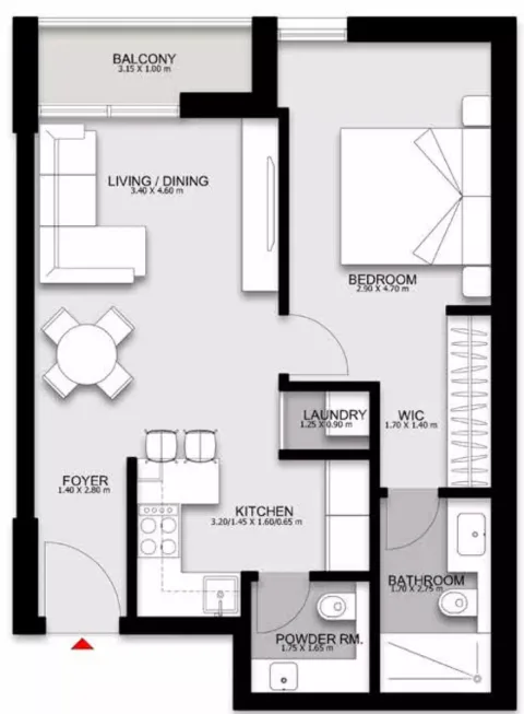 Floor plan, 1 Bed, 703 sq ft