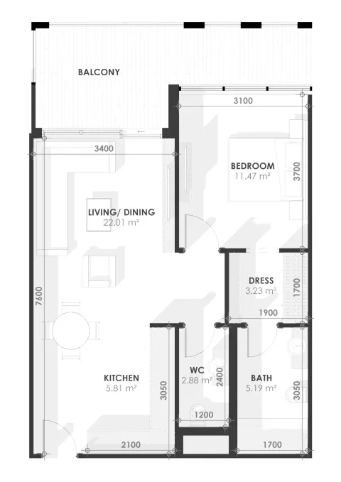 Floor plan, 1 Bed, 724 sq ft