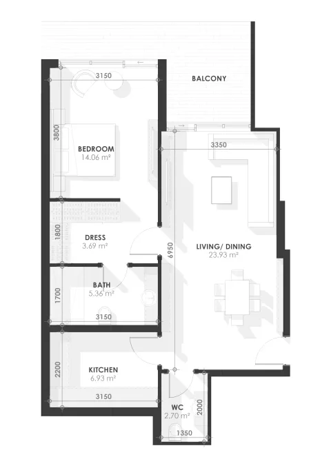 Floor plan, 1 Bed, 888 sq ft