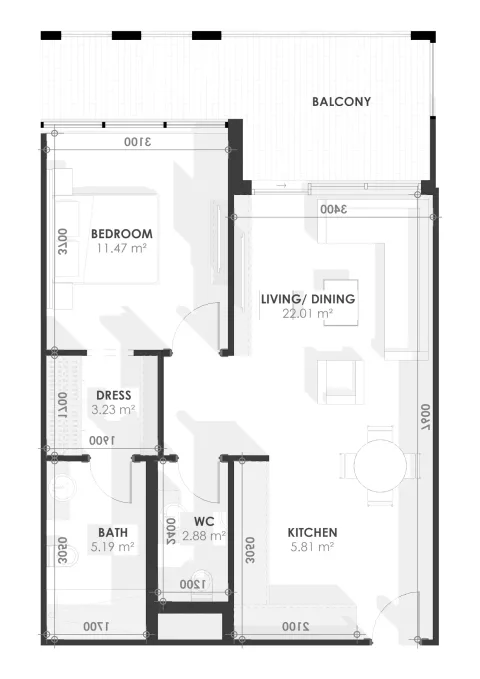 Floor plan, 1 Bed, 760 sq ft