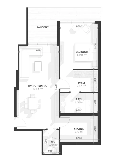 Floor plan, 1 Bed, 1,086 sq ft