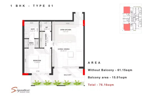 Floor plan, 1 Bed, 818 sq ft
