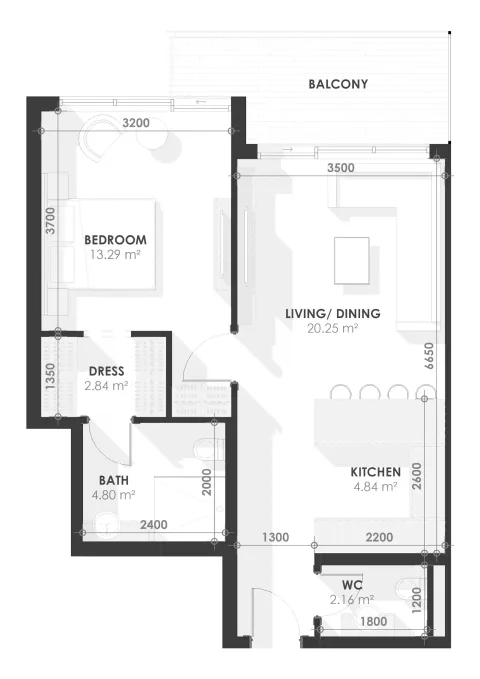 Floor plan, 1 Bed, 684 sq ft