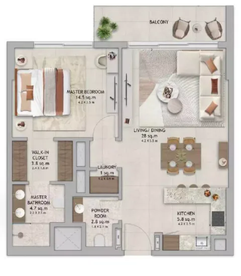 Floor plan, 1 Bed, 730 sq ft