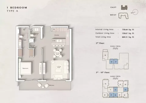 Floor plan, 1 Bed, 889 sq ft
