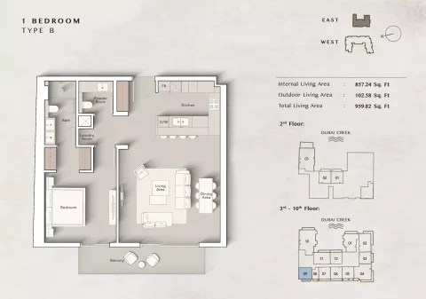 Floor plan, 1 Bed, 959 sq ft