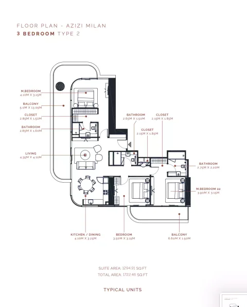 Floor plan, 3 Beds, 1,294 sq ft