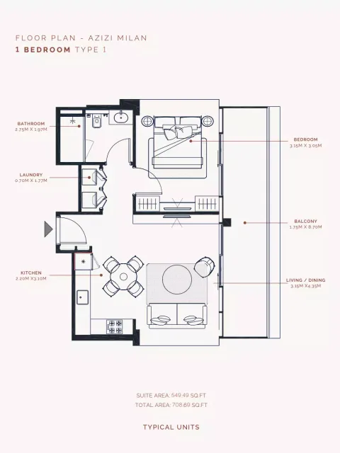 Floor plan, 1 Bed, 708 sq ft