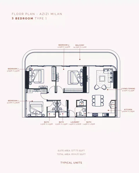 Floor plan, 3 Beds, 1,277 sq ft