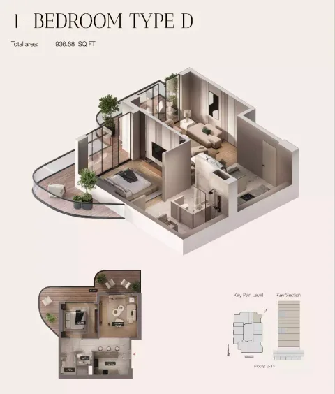 Floor plan, 1 Bed, 936 sq ft