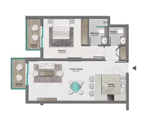 Floor plan, 1 Bed, 821 sq ft