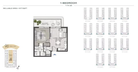 Floor plan, 1 Bed, 617 sq ft