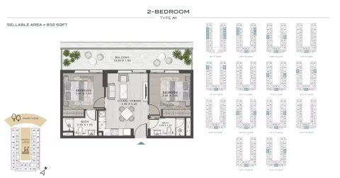Floor plan, 2 Beds, 832 sq ft