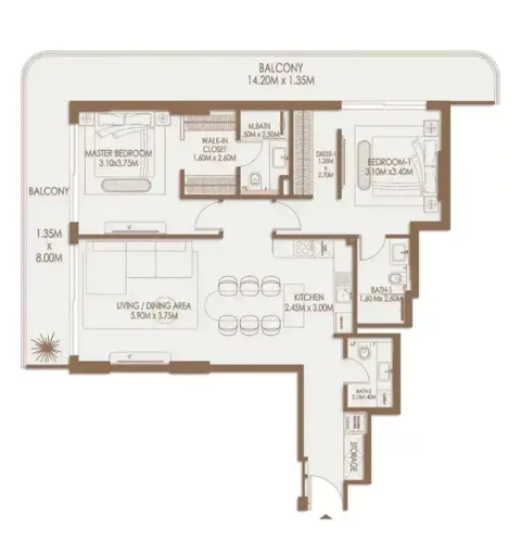 Floor plan, 2 Beds, 1,367 sq ft