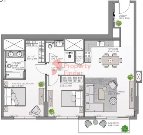 Floor plan, 2 Beds, 1,125 sq ft