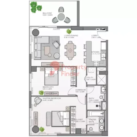Floor plan, 2 Beds, 1,343 sq ft