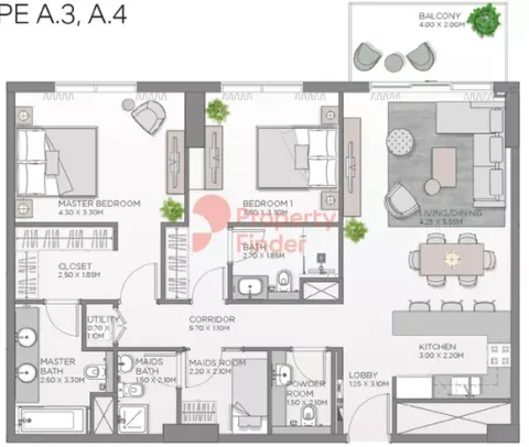Floor plan, 2 Beds, 1,264 sq ft