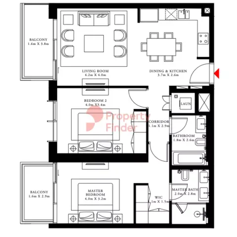 Floor plan, 2 Beds, 1,118 sq ft