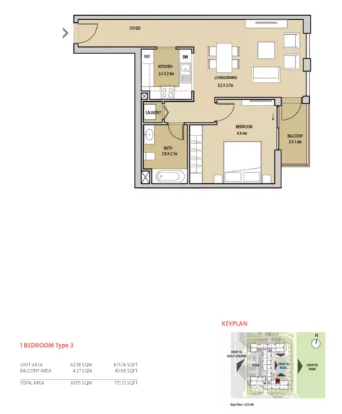 Floor plan, 1 Bed, 722 sq ft