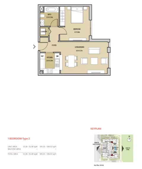 Floor plan, 1 Bed, 595 sq ft