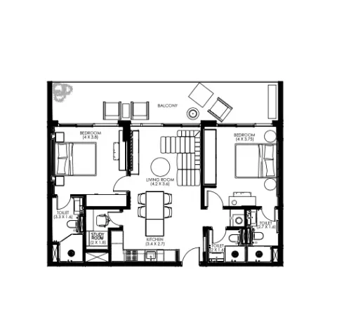 Floor plan, 2 Beds, 993 sq ft