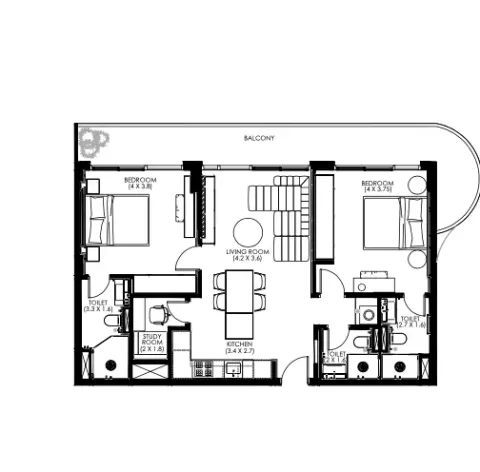 Floor plan, 2 Beds, 1,047 sq ft