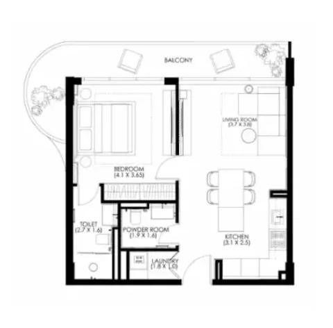 Floor plan, 1 Bed, 638 sq ft