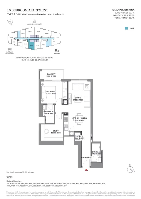 Floor plan, 2 Beds, 841 sq ft