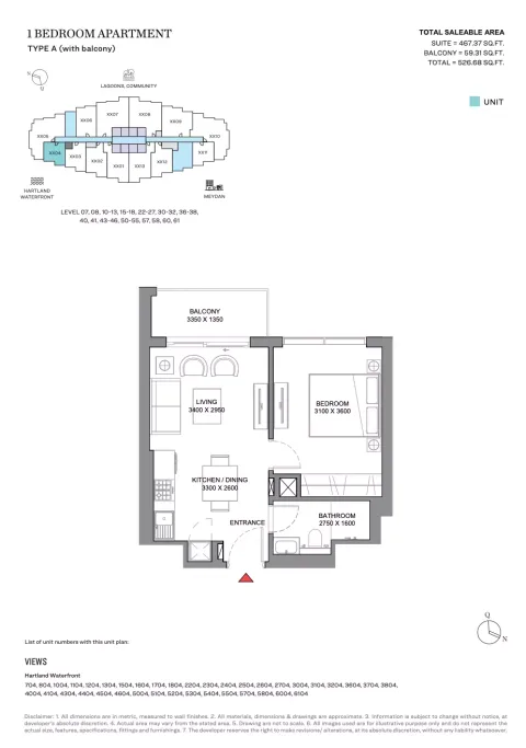 Floor plan, 1 Bed, 526 sq ft
