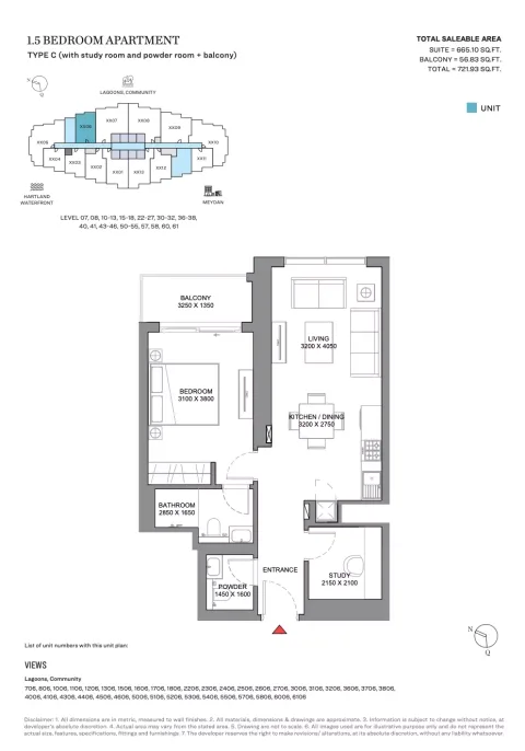 Floor plan, 2 Beds, 721 sq ft