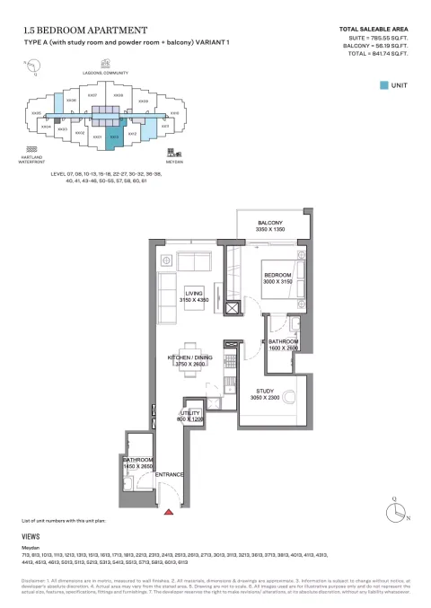 Floor plan, 2 Beds, 841 sq ft