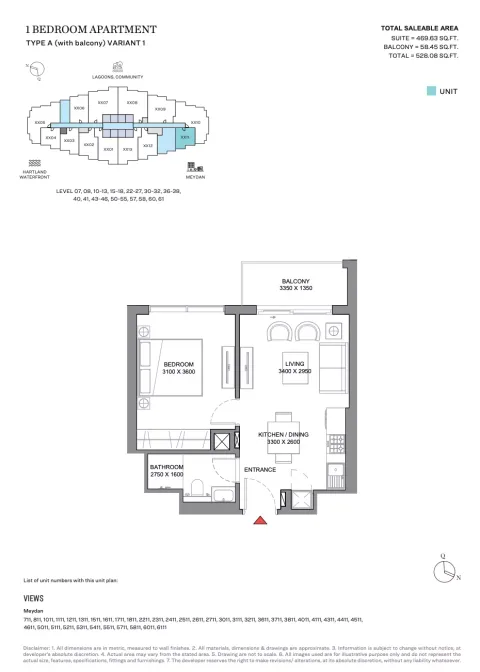 Floor plan, 1 Bed, 528 sq ft