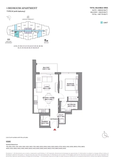 Floor plan, 1 Bed, 627 sq ft