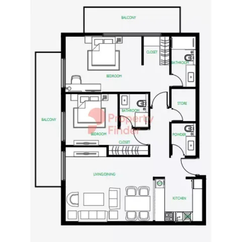 Floor plan, 2 Beds, 1,294 sq ft