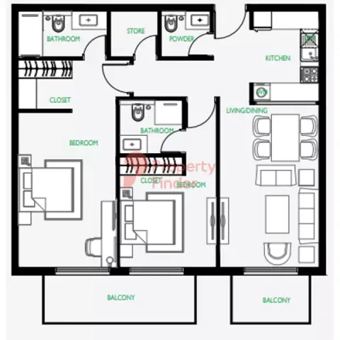 Floor plan, 2 Beds, 1,077 sq ft