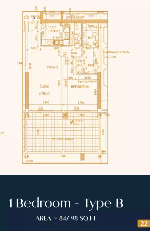 Floor plan, 1 Bed, 847 sq ft
