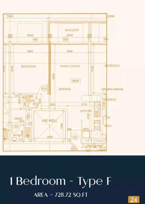 Floor plan, 1 Bed, 728 sq ft