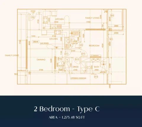 Floor plan, 2 Beds, 1,273 sq ft