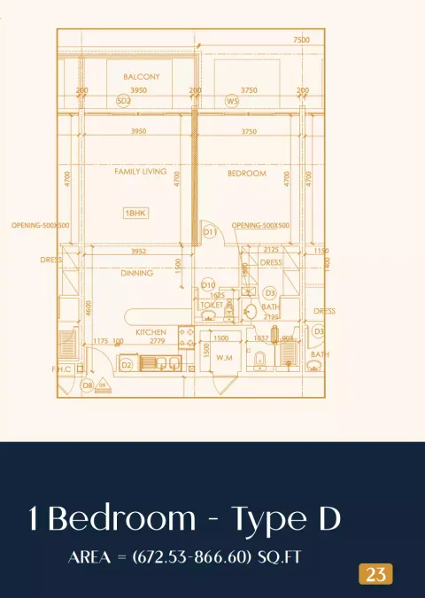 Floor plan, 1 Bed, 672 sq ft