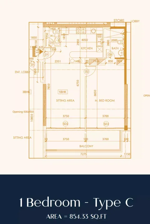 Floor plan, 1 Bed, 854 sq ft