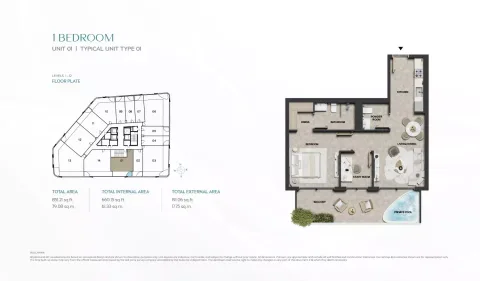 Floor plan, 1 Bed, 851 sq ft