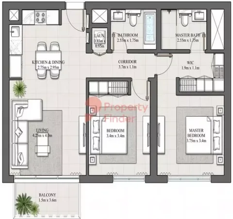 Floor plan, 2 Beds, 995 sq ft