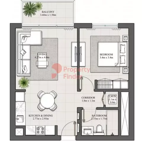Floor plan, 1 Bed, 675 sq ft