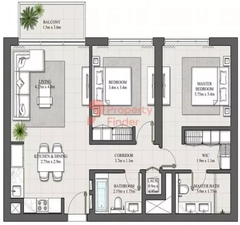 Floor plan, 2 Beds, 1,003 sq ft