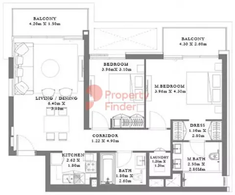 Floor plan, 2 Beds, 1,087 sq ft