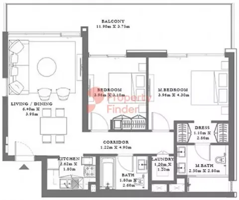 Floor plan, 2 Beds, 1,250 sq ft