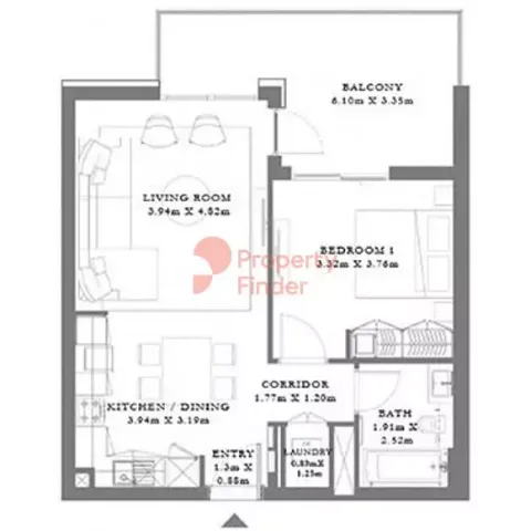 Floor plan, 1 Bed, 818 sq ft