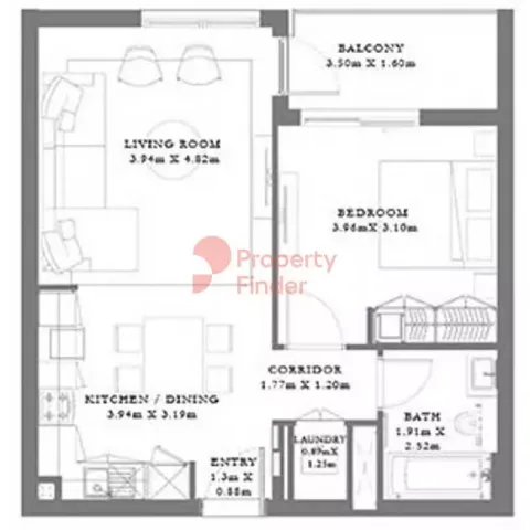 Floor plan, 1 Bed, 709 sq ft