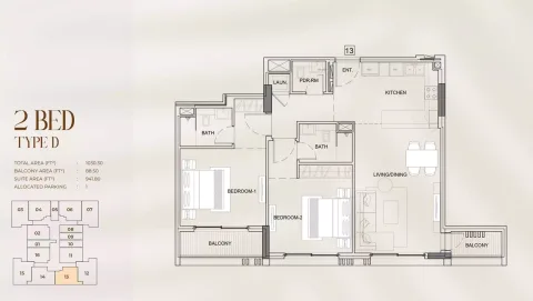 Floor plan, 2 Beds, 1,030 sq ft