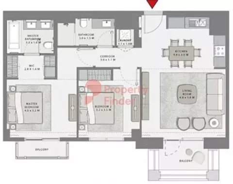 Floor plan, 2 Beds, 1,055 sq ft